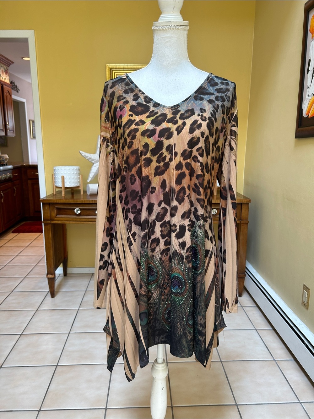 Cover Charge V Neck Brown Tan Leopard Peacock Rhinestone Resort Mini Dress Lrg